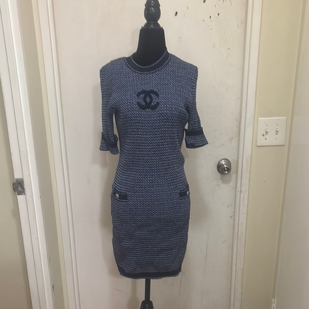 Chanel Navy Blue Sweater Dress with Chanel logo